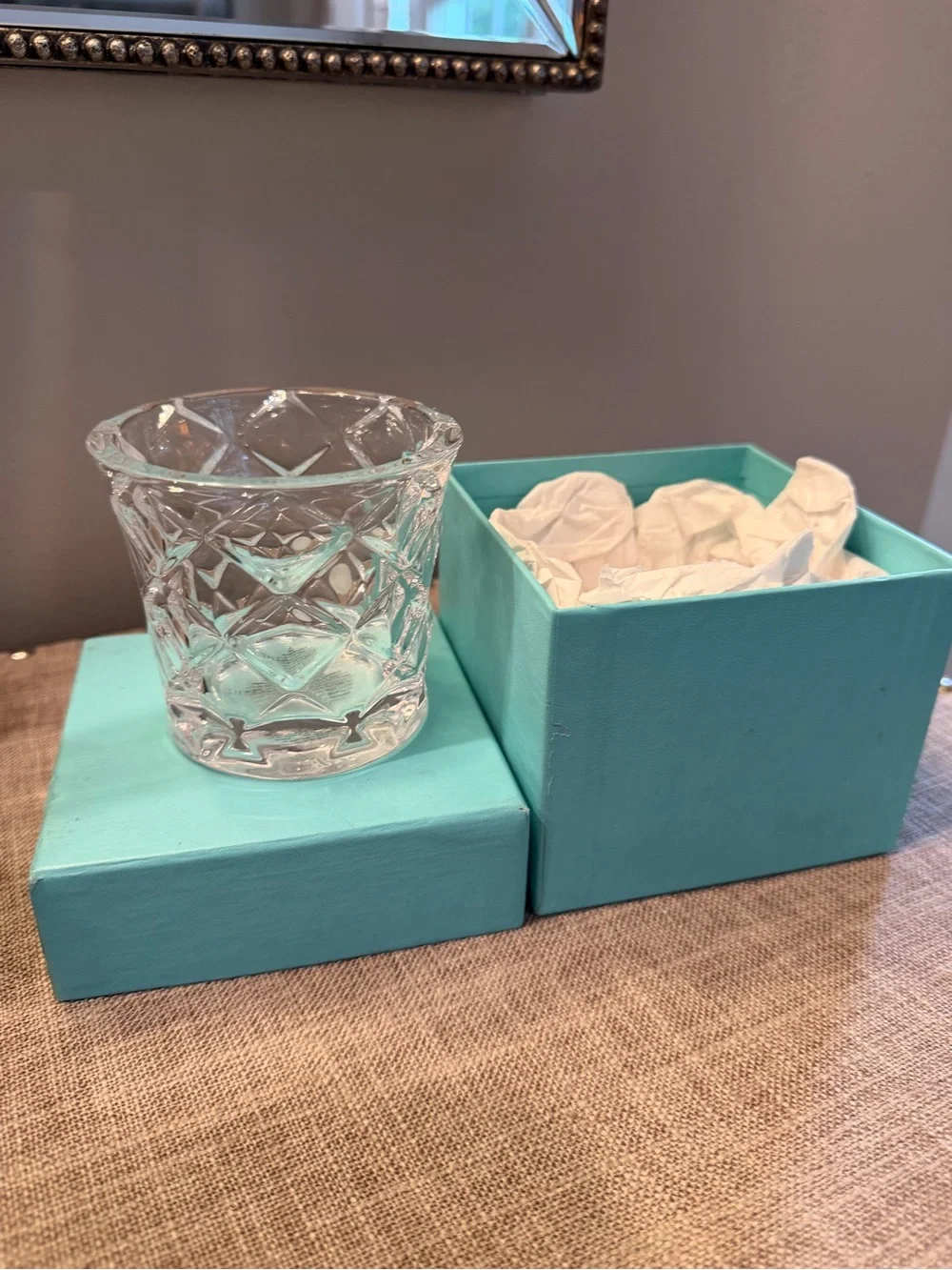 NIB Tiffany & Co. New diamond cut crystal large votive candle holder